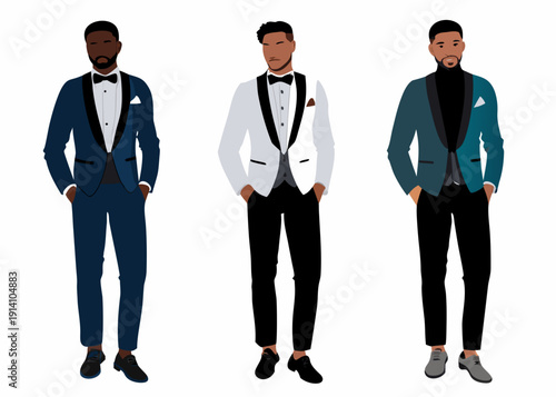 Three men in formal attire pose against a white background