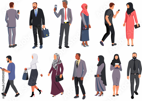 Diverse group of people in professional attire walking and using phones