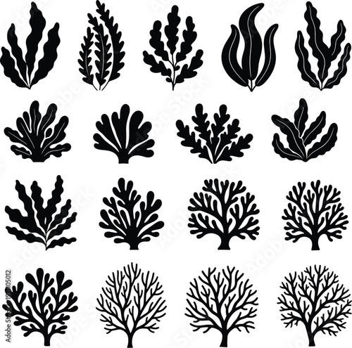Black coral and seaweed silhouettes collection underwater marine botanical shapes decorative vector illustration set