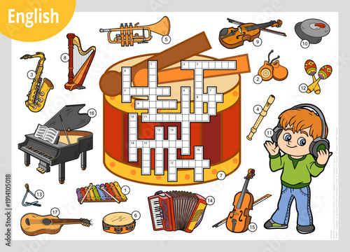 Vector colorful crossword in English, education game. Cute boy in headphones and set of musical instruments