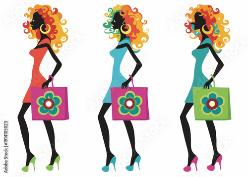 Three stylish women with afro hair carrying floral shopping bags