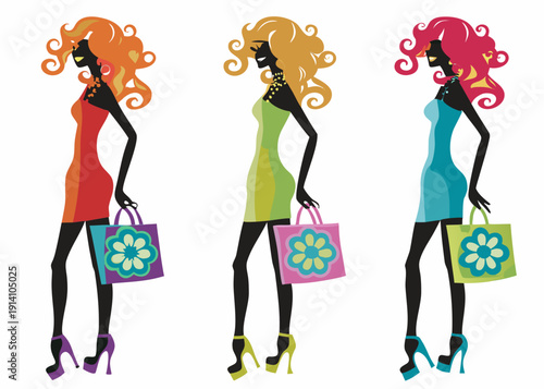 Three stylized women with colorful hair and shopping bags