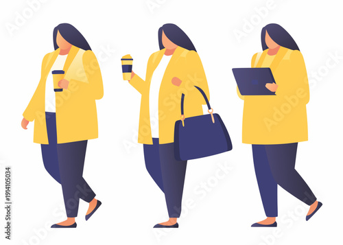 Three women walking each carrying items and wearing yellow jackets