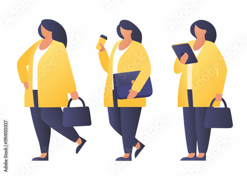 Three women in yellow jackets walking in different poses illustrated style