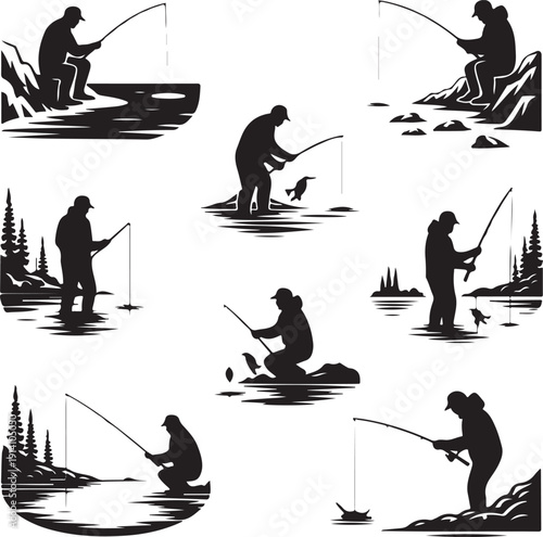 black silhouettes of people fishing in various positions on land and water  recreational activity