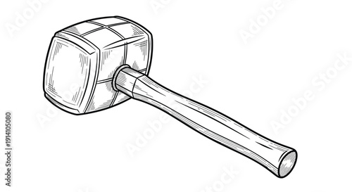  Illustration of a wooden mallet with a square head and textured handle. The sketch style gives it a rustic, handcrafted appearance.