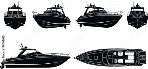 Luxury yacht vector silhouette set, black and white motorboat from front side and top views isolated