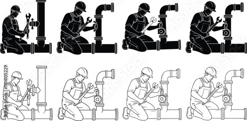 Black and white vector illustration set of a professional plumber or industrial worker fixing metal pipes with a wrench for plumbing maintenance branding design,