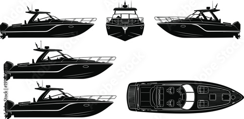 Luxury motor yacht vector illustration set, black and white speedboat from side front and top views isolated