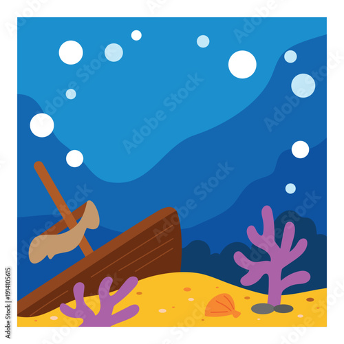 Underwater sea background. Flat ocean floor with sunken ship and seaweeds. Sea bottom landscape