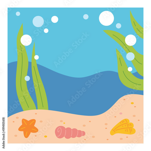 Underwater sea background. Flat ocean floor with seaweeds and shells. Sea bottom landscape