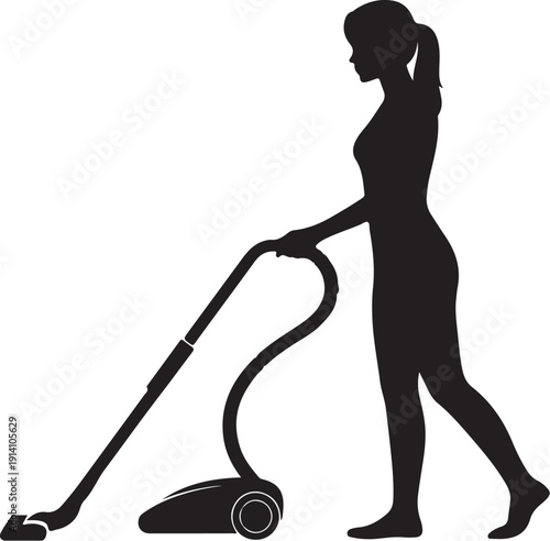 Silhouette of a woman vacuuming with a black vacuum cleaner