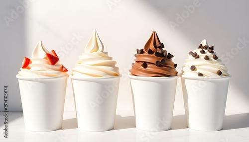 Four white cups of assorted ice creams with toppings on a white surface