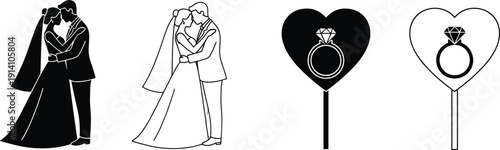 Wedding couple illustration set, bride and groom kissing with heart ring icons, romantic marriage concept, minimal vector black and white