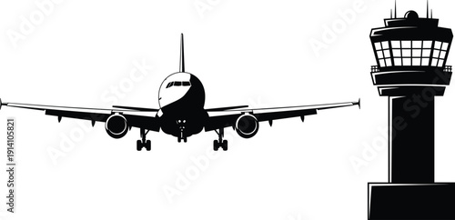 Black and white vector silhouette of a commercial airplane approaching landing with an airport control tower for aviation travel tourism transport and flight branding