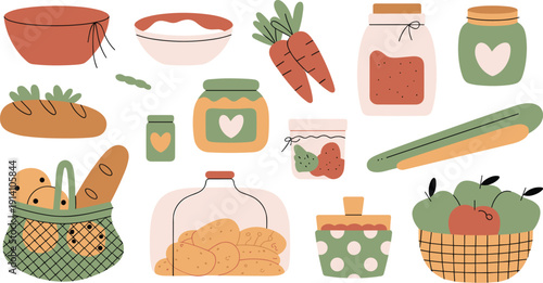 Hand drawn grocery food collection with bread vegetables jars and bakery products flat vector illustration set