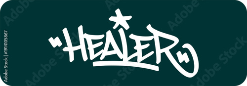 Professional graffiti HEALER tag lettering. Urban street art hand style for wellness centers and creative merchandise. Isolated black and white script for professional design.