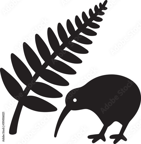 Simple solid style. Leaf, logo, nz, kiwi, maori, silhouette, bird, sign, new zealand symbol concept design. Fern glyph icon silhouette vector illustration