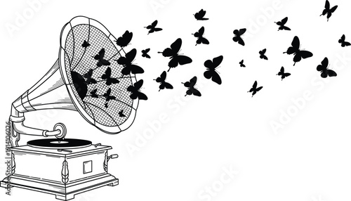 Black and white vector silhouette of a vintage gramophone phonograph with a swarm of butterflies flying out of the horn for music and nature branding,