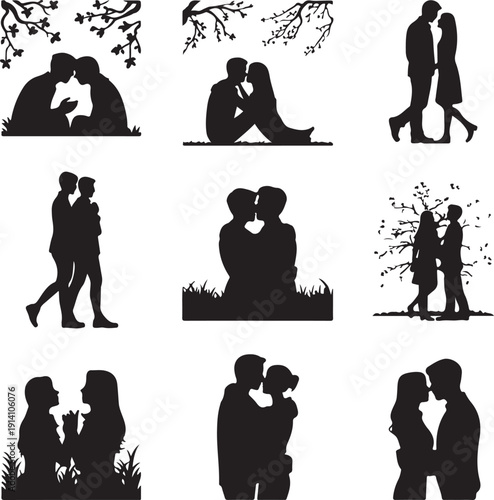 black silhouettes of couples in various romantic poses on white background