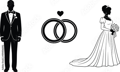 Wedding illustration, bride and groom silhouette with rings, romantic love concept, minimal vector icon, marriage ceremony flat design style