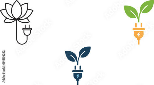 Eco electric plug with plant and lotus flower icon set renewable green energy concept vector