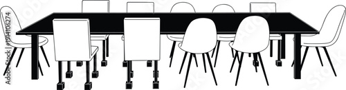 Modern conference table and office chairs set, minimalist boardroom furniture vector illustration isolated on white background