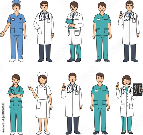 Healthcare professionals characters set with doctors nurses and medical staff in uniform flat vector illustration collection