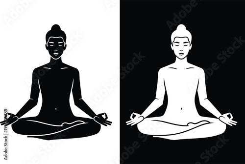 Woman meditating in lotus pose silhouette and outline style isolated on white background for yoga mindfulness wellness relaxation concept