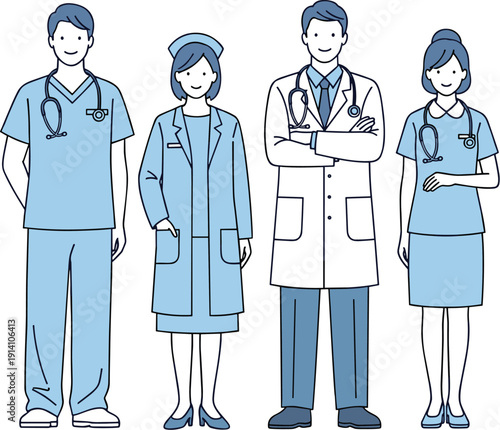 Minimal blue healthcare professionals standing together doctors and nurses medical team flat line vector character illustration