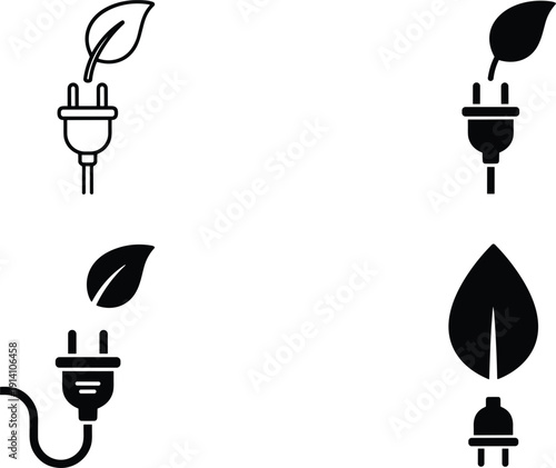 Eco plug and leaf icon set green electricity sustainable energy and environmental power symbols