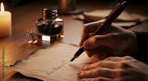 Hand writes letter by candlelight with fountain pen on old paper