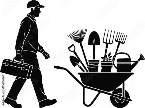 Black vector silhouette of a male gardener walking with a toolbox next to a wheelbarrow full of garden tools for landscaping and horticulture branding,