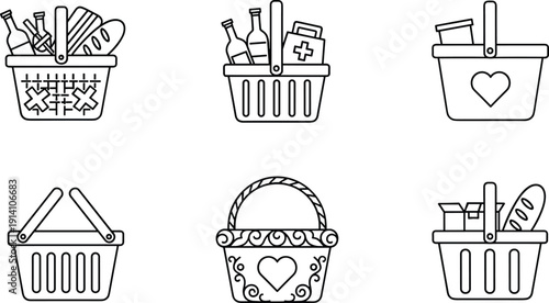Shopping basket outline icons set with groceries medical products bread and retail containers vector illustration collection
