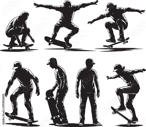 Black silhouettes of skateboarders performing tricks and stunts