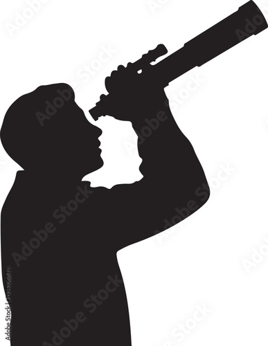 Silhouette of person looking through a telescope observing