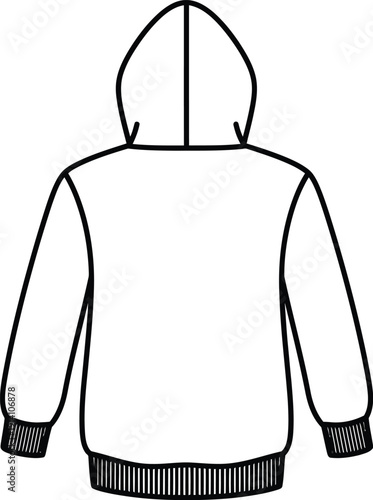 A simple black and white technical line drawing of a hoodie from a back view perspective