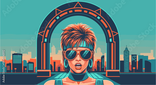 Vibrant retro-futuristic pop art illustration featuring a stylish woman with sunglasses and a headband in a dynamic urban landscape, evoking a sense of 80s nostalgia and modern design.