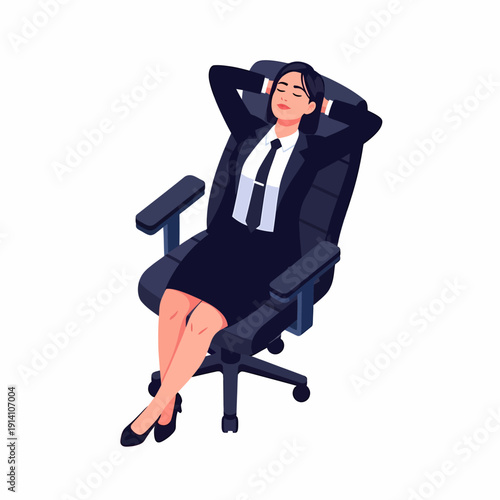 A businesswoman in a suit relaxes comfortably in an office chair, hands behind her head and eyes closed, taking a break.