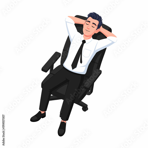 A cartoon illustration of a relaxed businessman leaning back in an office chair with his eyes closed and hands behind his head, taking a break.