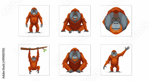 Collection of six cartoon orangutan illustrations in various poses and expressions on a white background.