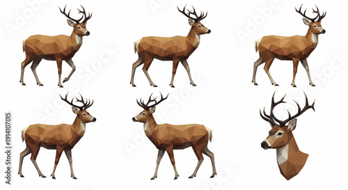 Six geometric illustrations of brown deer with antlers in various poses on a white background, showcasing low-poly animal art.