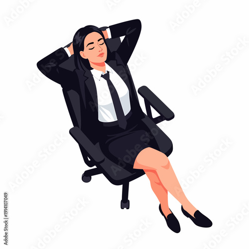 A relaxed businesswoman in a suit leaning back in an office chair with her eyes closed.