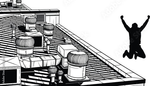 Black vector silhouette of a man jumping with joy over a rooftop featuring industrial HVAC ventilation systems and turbine vents for urban adventure branding,