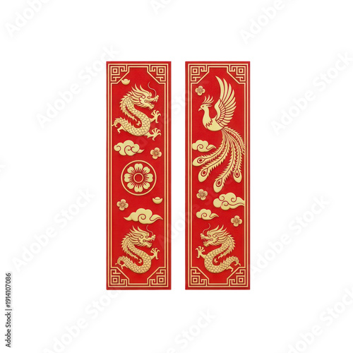 Traditional Chinese Dragon Phoenix Red Gold Isolated Transparent Background