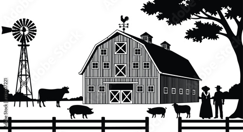 Black vector silhouette of a traditional farm landscape featuring a large barn windmill farm animals and a farmer family for rural agriculture branding design