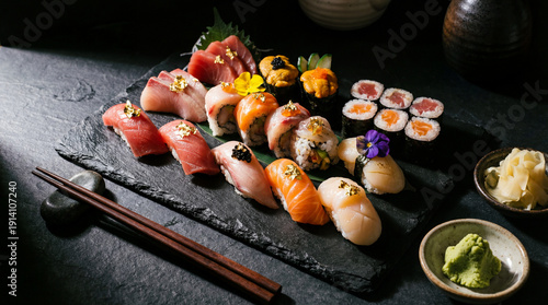 Fresh assorted sushi platter with nigiri, maki rolls, uni and delicate garnishes, served with wasabi, pickled ginger and chopstick presentation