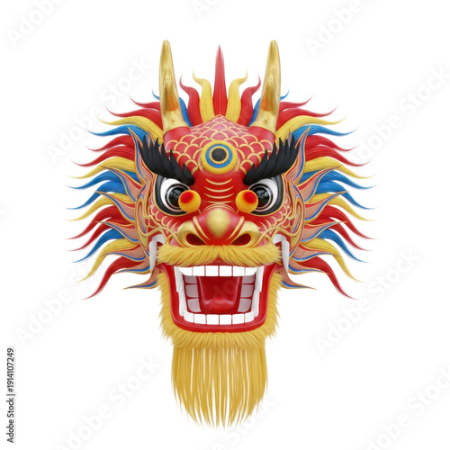 Vibrant Chinese Dragon Head With Red Blue Yellow Accents Isolated Transparent Background