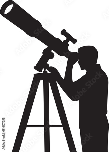 Silhouette of person using telescope on tripod astronomy