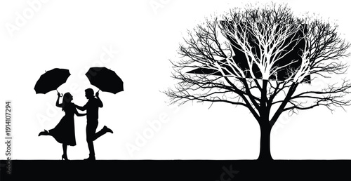 Black vector silhouette of a romantic couple dancing with umbrellas next to a large bare tree for autumn rain love seasonal weather and branding,